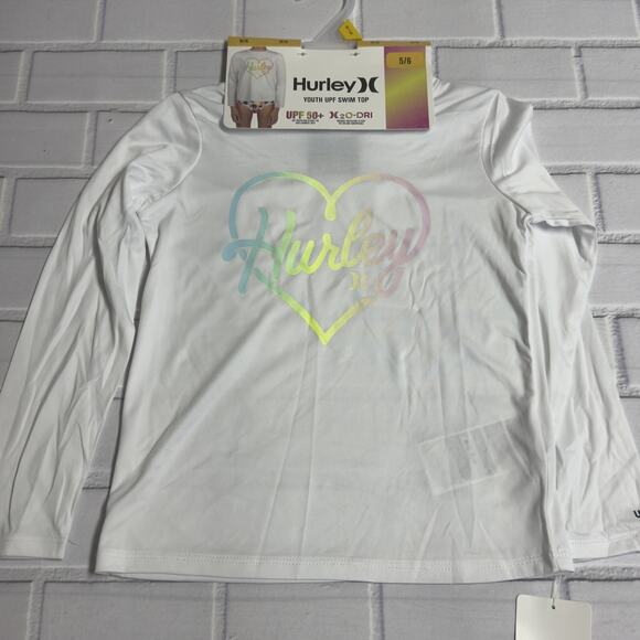 Hurley Girls Long Sleeve Dri-Fit UPF 50+ Shirt White / Pastel Heart Size 5/6 - Picture 1 of 6